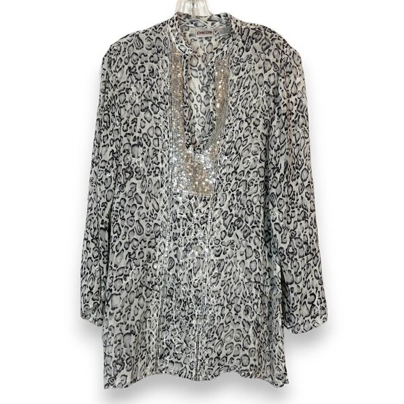 Chico's Tunic Blouse Top Silk Embroidered Sequins Black Gray Medium - Picture 1 of 10